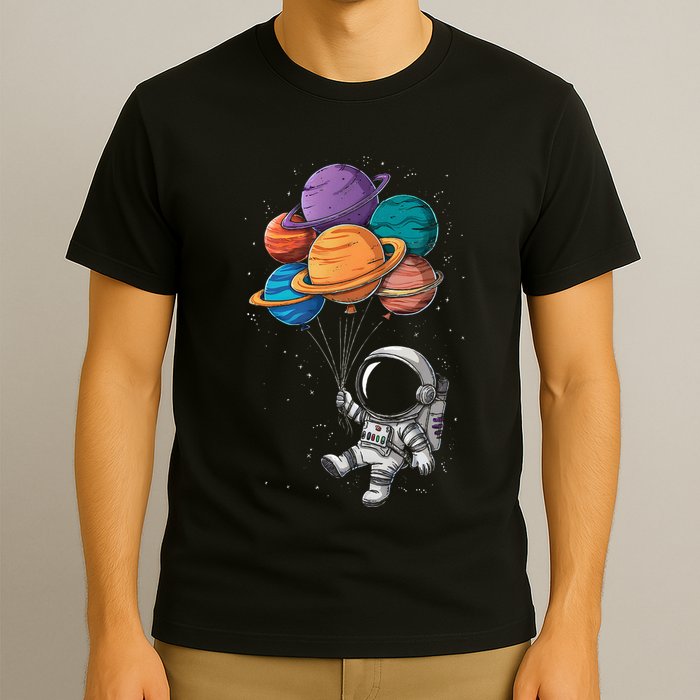 Astronaut Holding Planet Balloons Floating In Space T-Shirt