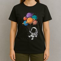 Astronaut Holding Planet Balloons Floating In Space T-Shirt
