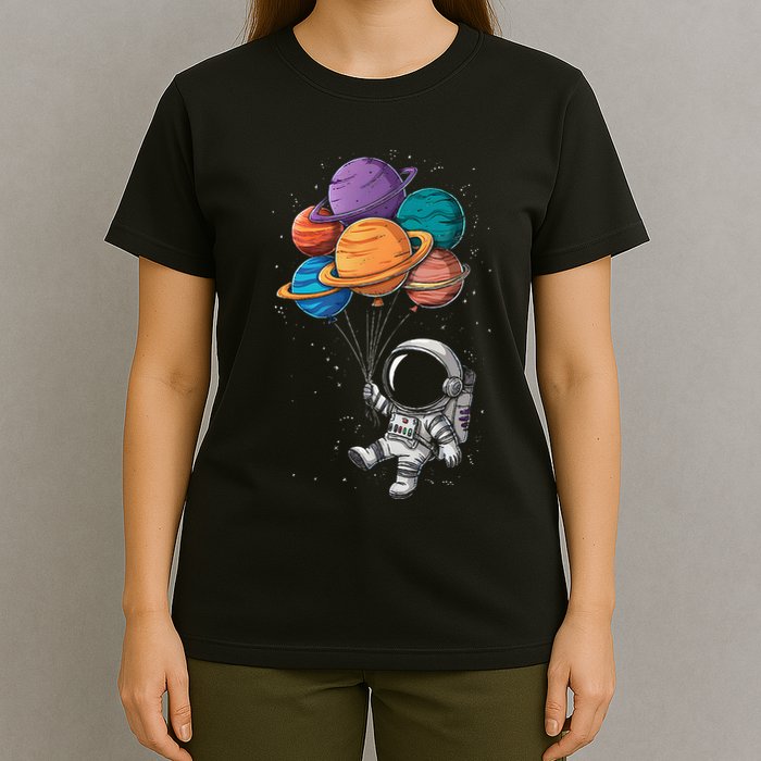 Astronaut Holding Planet Balloons Floating In Space T-Shirt