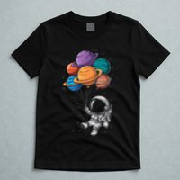 Astronaut Holding Planet Balloons Floating In Space T-Shirt