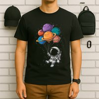 Astronaut Holding Planet Balloons Floating In Space T-Shirt