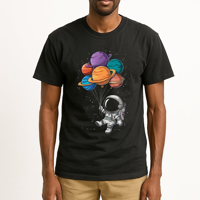 Astronaut Holding Planet Balloons Floating In Space Tall T-Shirt