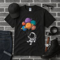 Astronaut Holding Planet Balloons Floating In Space Tall T-Shirt