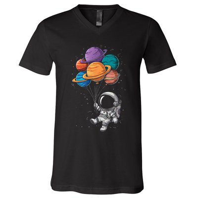 Astronaut Holding Planet Balloons Floating In Space V-Neck T-Shirt