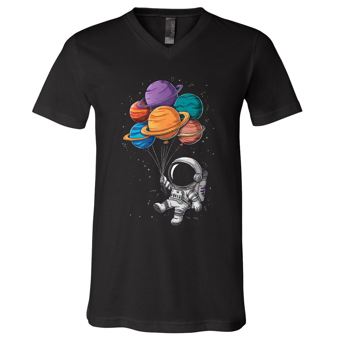 Astronaut Holding Planet Balloons Floating In Space V-Neck T-Shirt