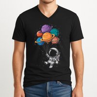 Astronaut Holding Planet Balloons Floating In Space V-Neck T-Shirt