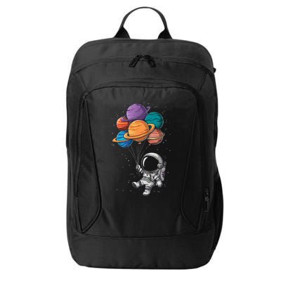 Astronaut Holding Planet Balloons Floating In Space City Backpack