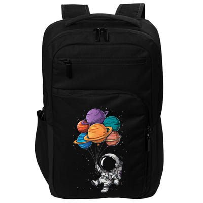 Astronaut Holding Planet Balloons Floating In Space Impact Tech Backpack