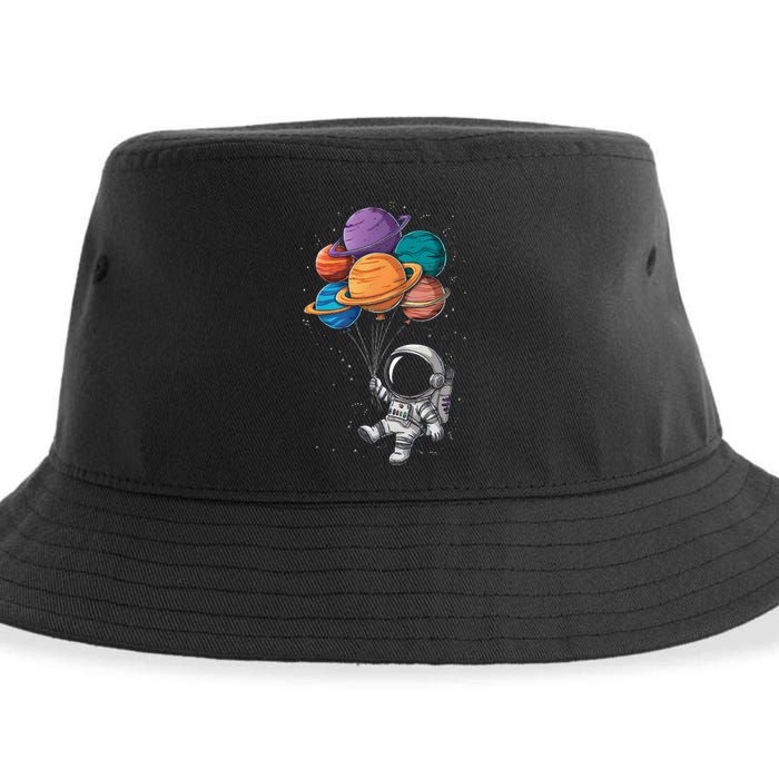 Astronaut Holding Planet Balloons Floating In Space Sustainable Bucket Hat