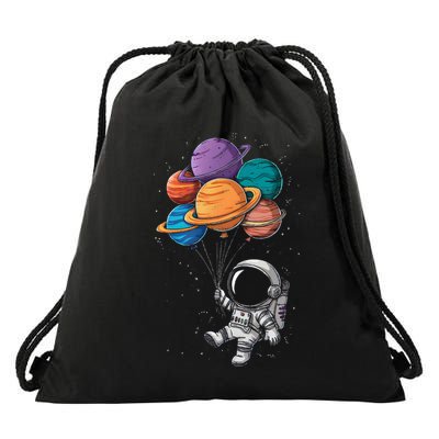 Astronaut Holding Planet Balloons Floating In Space Drawstring Bag