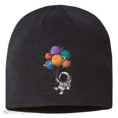 Astronaut Holding Planet Balloons Floating In Space Sustainable Beanie