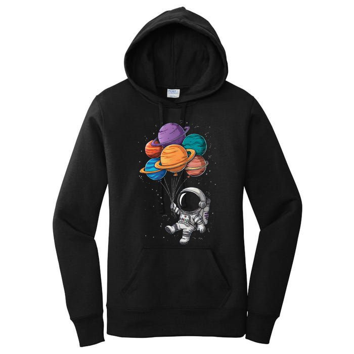 Astronaut Holding Planet Balloons Floating In Space Women's Pullover Hoodie