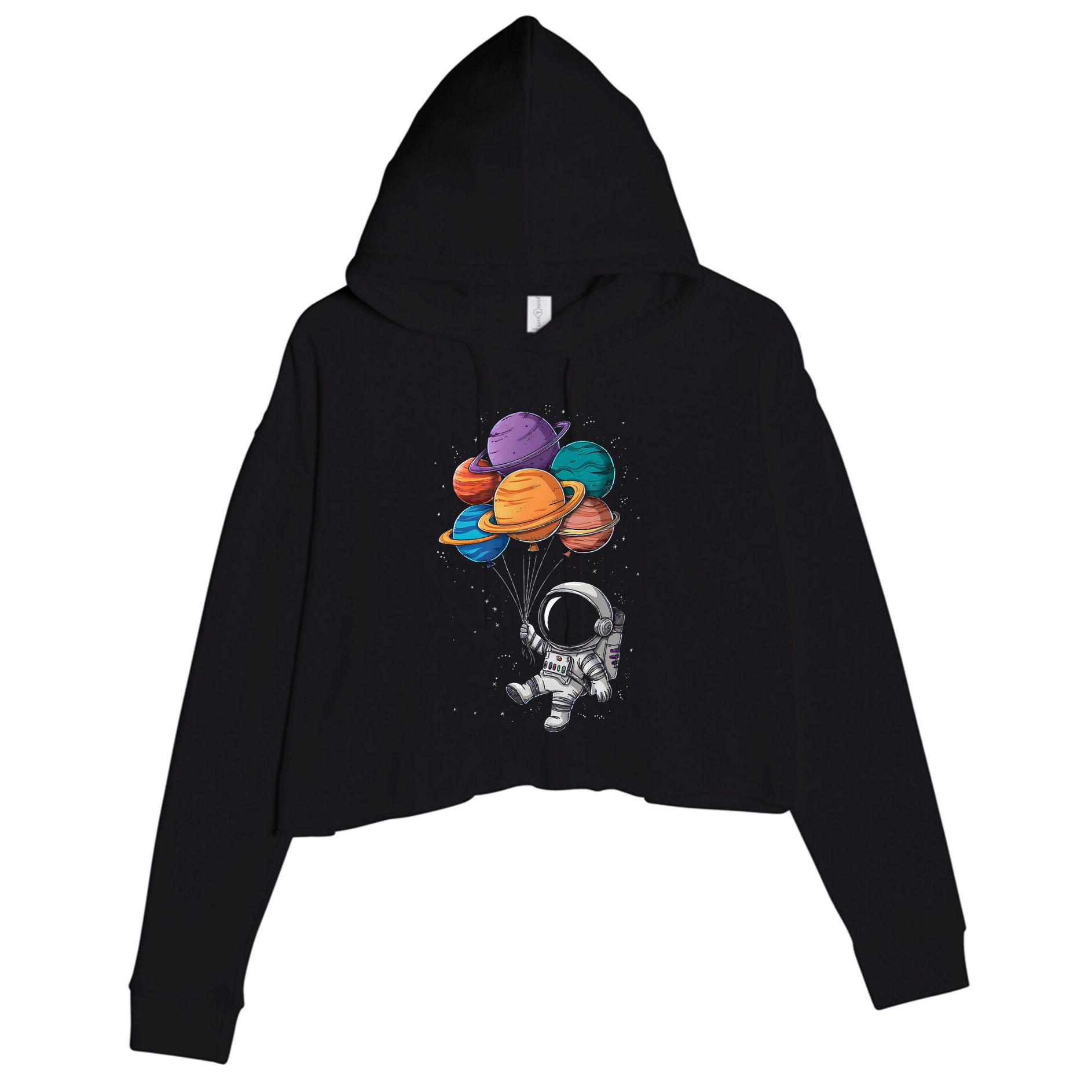 Astronaut Holding Planet Balloons Floating In Space Crop Fleece Hoodie