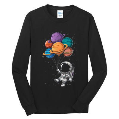 Astronaut Holding Planet Balloons Floating In Space Tall Long Sleeve T-Shirt