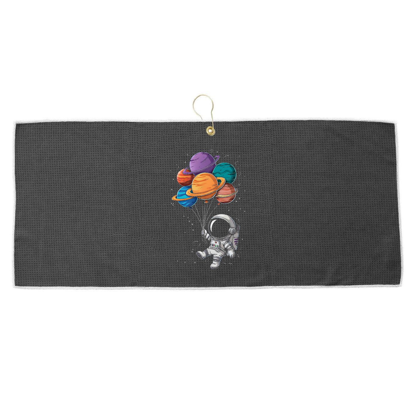 Astronaut Holding Planet Balloons Floating In Space Large Microfiber Waffle Golf Towel