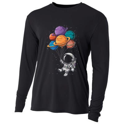 Astronaut Holding Planet Balloons Floating In Space Cooling Performance Long Sleeve Crew