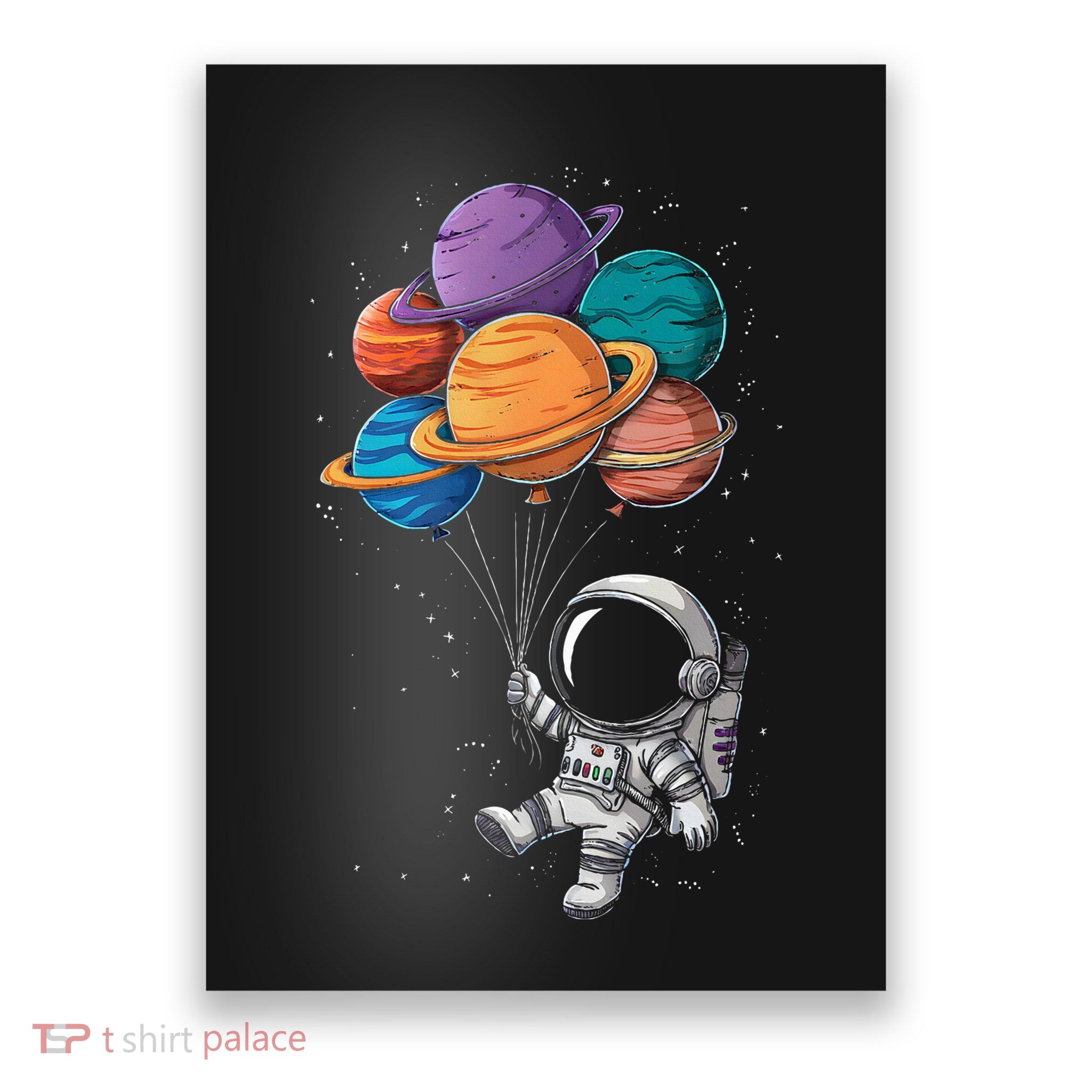 Astronaut Holding Planet Balloons Floating In Space Poster