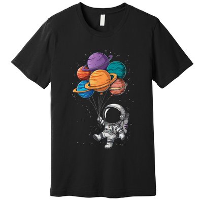 Astronaut Holding Planet Balloons Floating In Space Premium T-Shirt