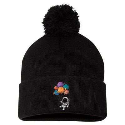 Astronaut Holding Planet Balloons Floating In Space Pom Pom 12in Knit Beanie