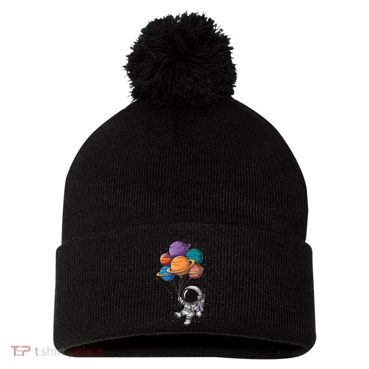 Astronaut Holding Planet Balloons Floating In Space Pom Pom 12in Knit Beanie