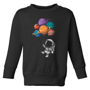 Astronaut Holding Planet Balloons Floating In Space Toddler Sweatshirt