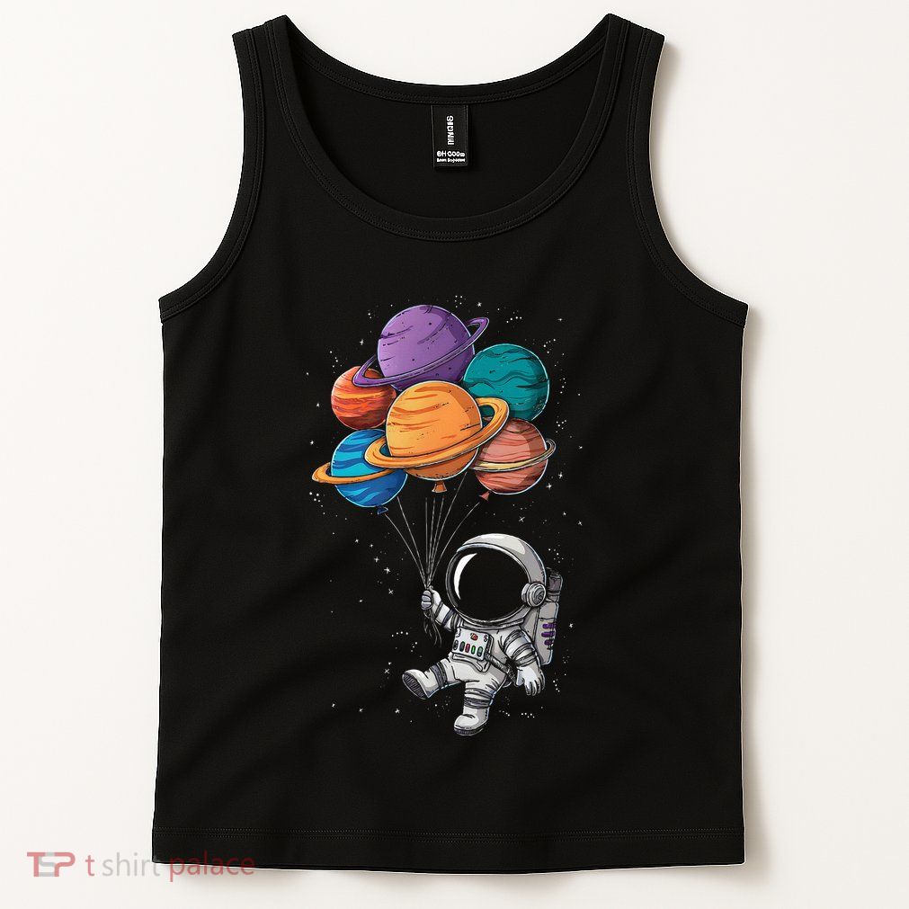 Astronaut Holding Planet Balloons Floating In Space Tank Top