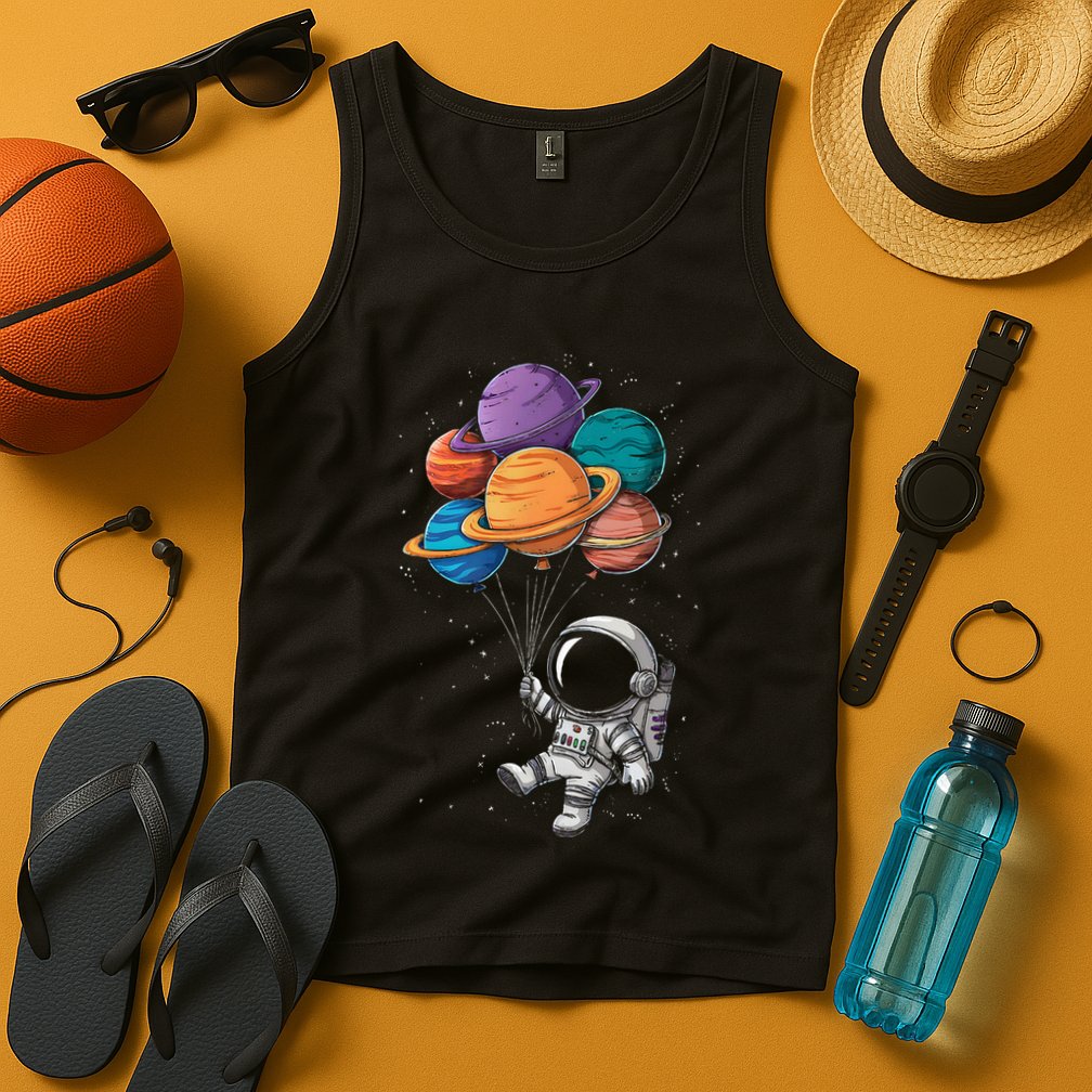 Astronaut Holding Planet Balloons Floating In Space Tank Top