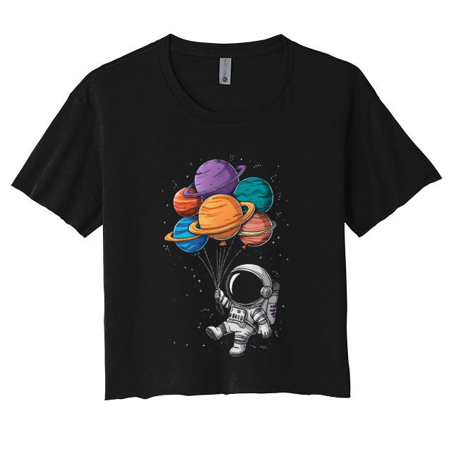 Astronaut Holding Planet Balloons Floating In Space Crop Top