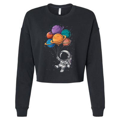 Astronaut Holding Planet Balloons Floating In Space Cropped Pullover Crew