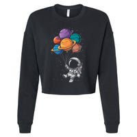 Astronaut Holding Planet Balloons Floating In Space Cropped Pullover Crew