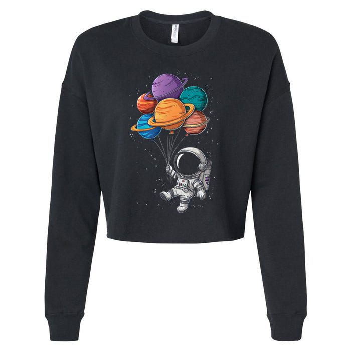 Astronaut Holding Planet Balloons Floating In Space Cropped Pullover Crew
