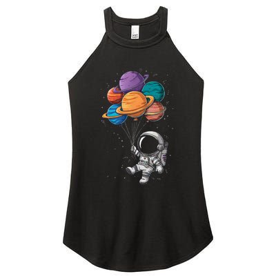 Astronaut Holding Planet Balloons Floating In Space Women's Perfect Tri Rocker Tank