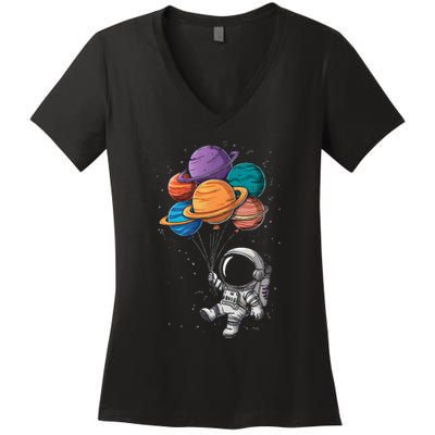 Astronaut Holding Planet Balloons Floating In Space Women's V-Neck T-Shirt