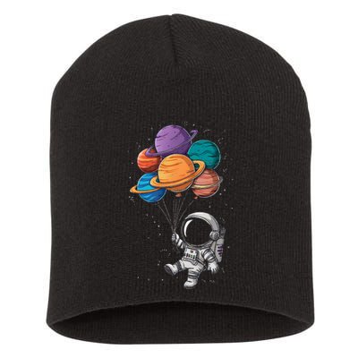 Astronaut Holding Planet Balloons Floating In Space Short Acrylic Beanie