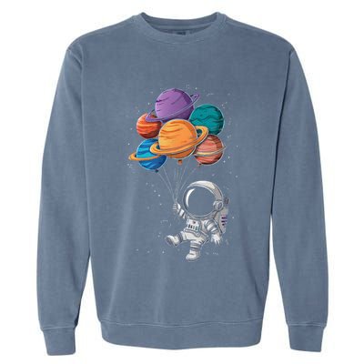 Astronaut Holding Planet Balloons Floating In Space Garment-Dyed Sweatshirt