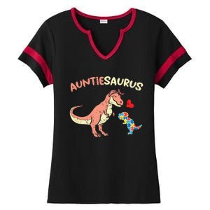 Auntiesaurus Heart Puzzle Dino Autism Awareness Aunt Cute Gift Ladies Halftime Notch Neck Tee