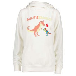 Auntiesaurus Heart Puzzle Dino Autism Awareness Aunt Cute Gift Womens Funnel Neck Pullover Hood