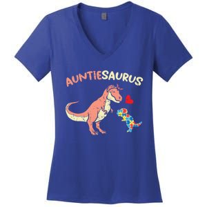 Auntiesaurus Heart Puzzle Dino Autism Awareness Aunt Cute Gift Women's V-Neck T-Shirt