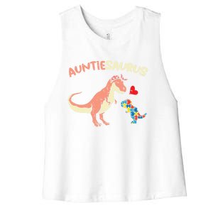 Auntiesaurus Heart Puzzle Dino Autism Awareness Aunt Cute Gift Women's Racerback Cropped Tank