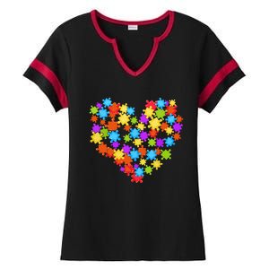 Autism Heart Puzzle Piece Autism Awareness Women Girl Ladies Halftime Notch Neck Tee