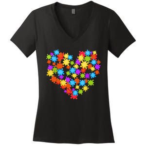 Autism Heart Puzzle Piece Autism Awareness Women Girl Women's V-Neck T-Shirt