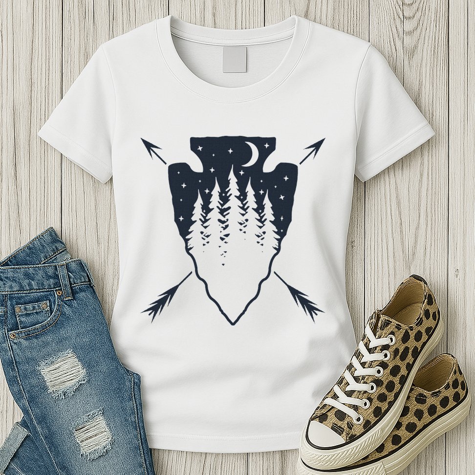 Arrowhead Hunting Pine Tree Moon Scenery Arrowhead Hunter Womens T-Shirt