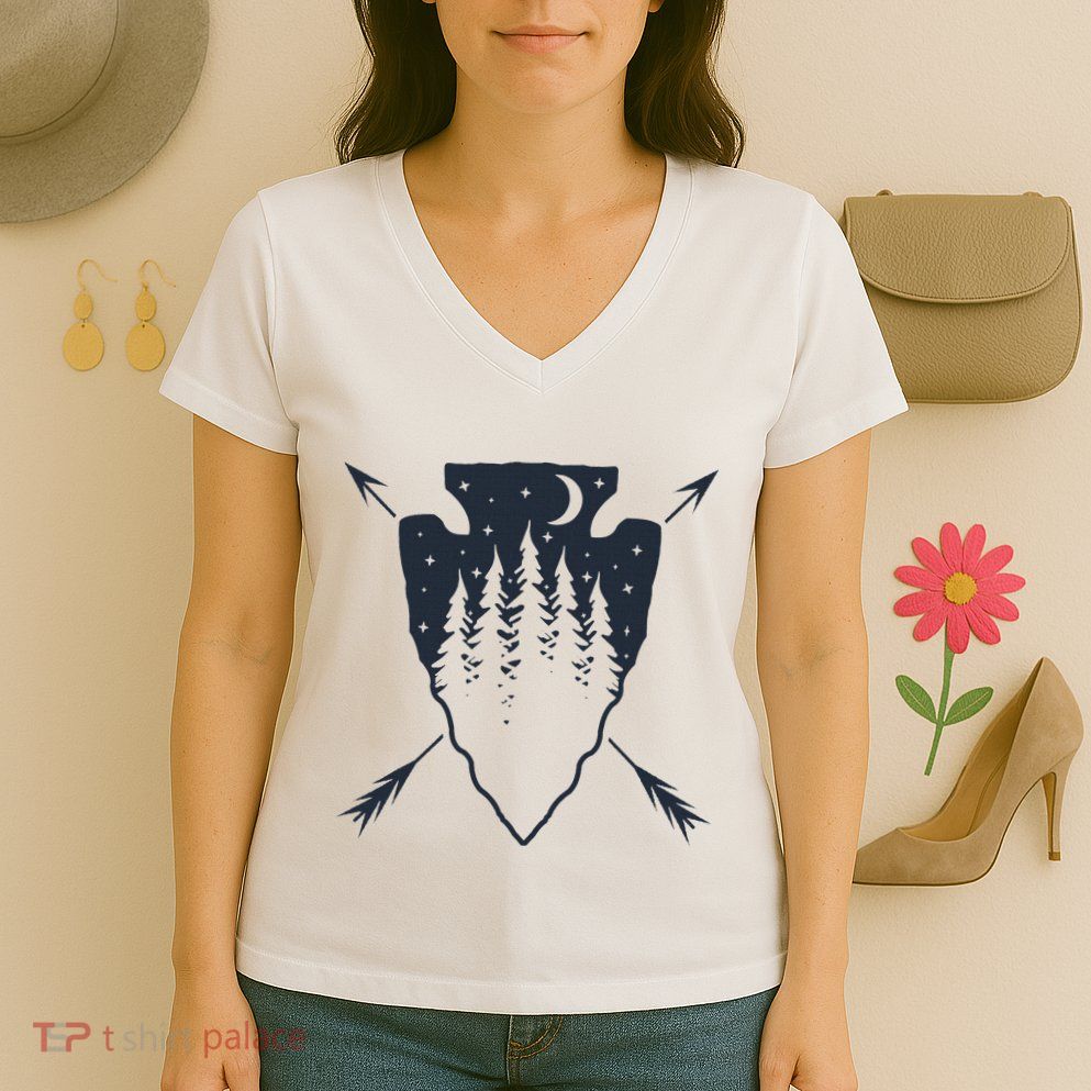 Arrowhead Hunting Pine Tree Moon Scenery Arrowhead Hunter Women's V-Neck T-Shirt