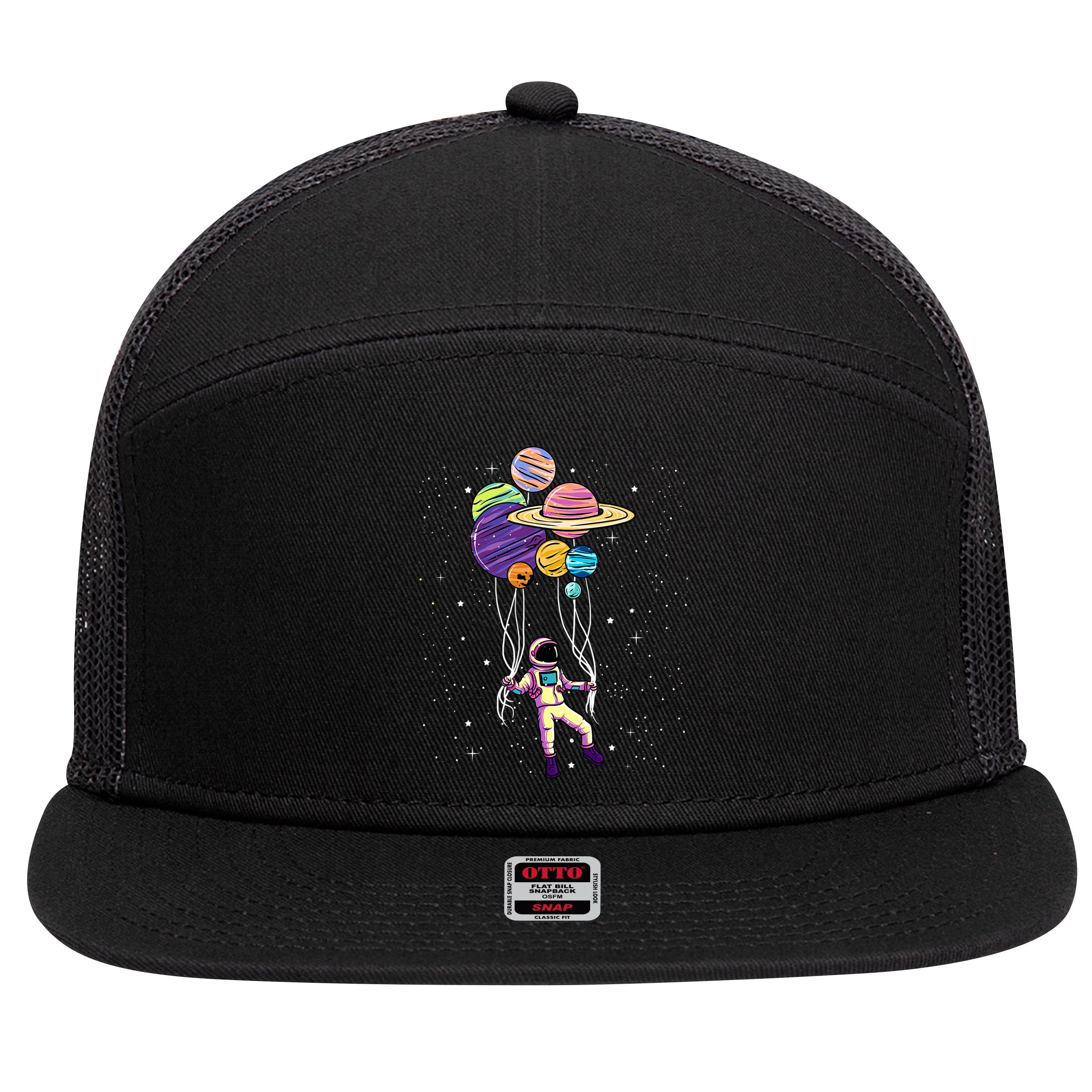 Astronaut Holding Planet Balloons STEM Kids 7 Panel Mesh Trucker Snapback Hat