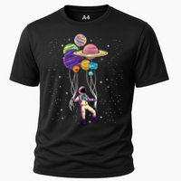 Astronaut Holding Planet Balloons STEM Kids Cooling Performance Crew T-Shirt