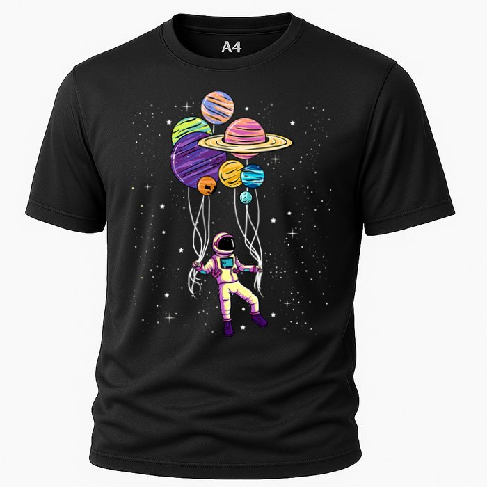 Astronaut Holding Planet Balloons STEM Kids Cooling Performance Crew T-Shirt