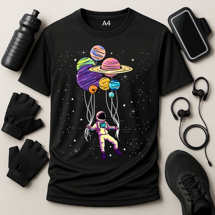 Astronaut Holding Planet Balloons STEM Kids Cooling Performance Crew T-Shirt