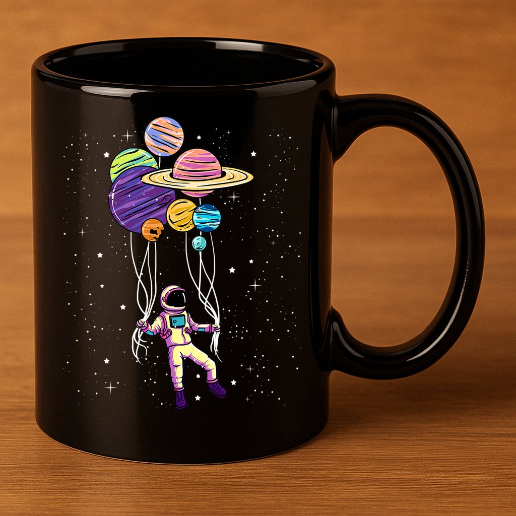 Astronaut Holding Planet Balloons STEM Kids 11oz C Handle Ceramic Mug