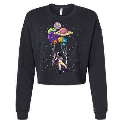 Astronaut Holding Planet Balloons STEM Kids Cropped Pullover Crew