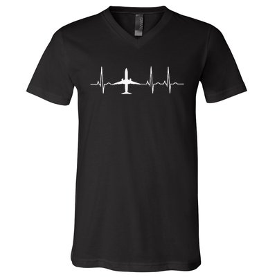 Airplane Heartbeat Pilot Flying Cool Aviator V-Neck T-Shirt